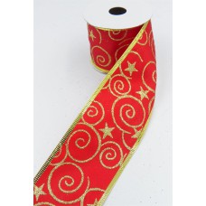 2.5 Inch Wired Christmas Ribbon with Gold Metallic Swirls & Stars on Red Satin, 2-1/2 In. X 10 Yds (Lot of 1 Spool) SALE ITEM